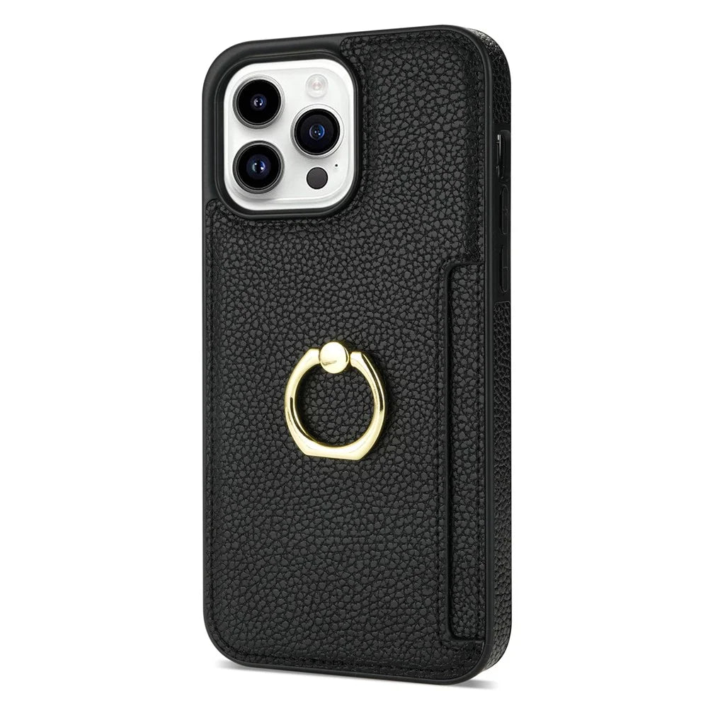 For iPhone 16 Pro Max Kickstand Case PU+TPU Card Holder Phone Cover - Black - 1