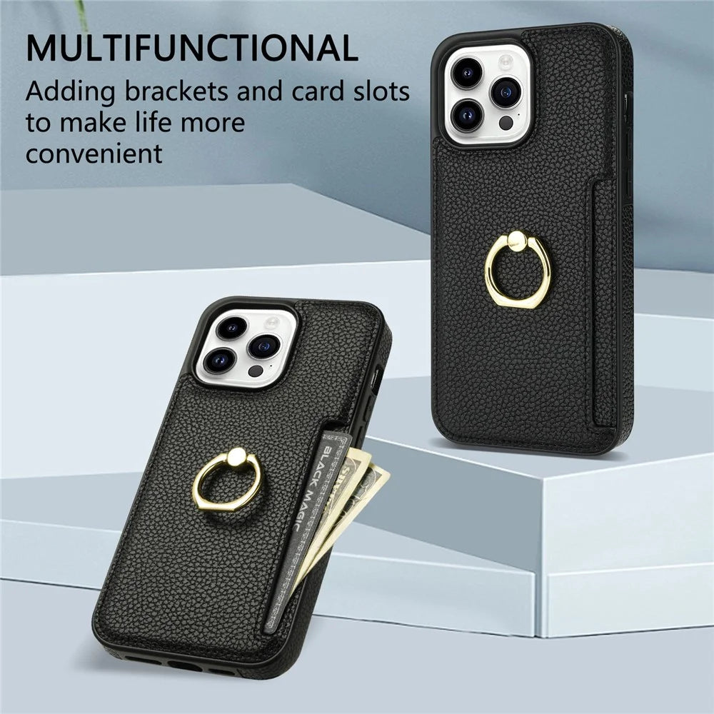 For iPhone 16 Pro Max Kickstand Case PU+TPU Card Holder Phone Cover - Black - 6
