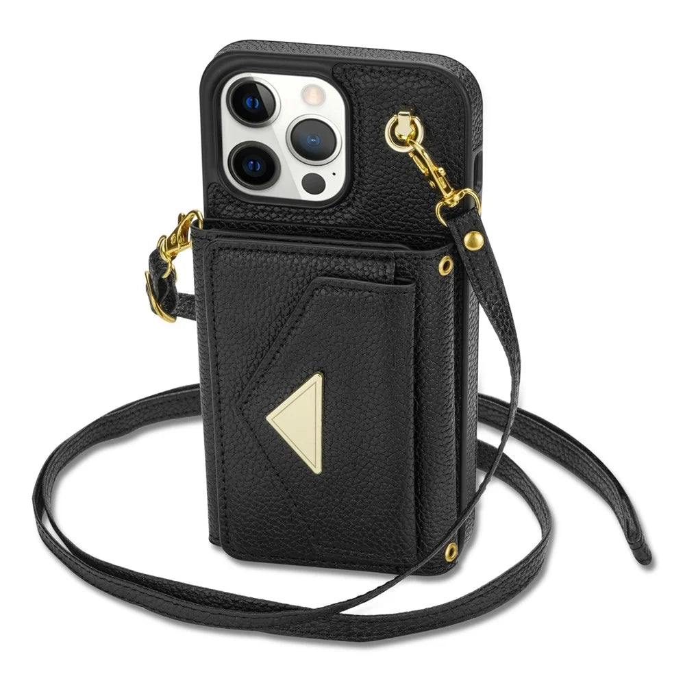For iPhone 16 Pro Case Card Holder Leather+TPU Cell Phone Cover with Long Strap - Black - 2