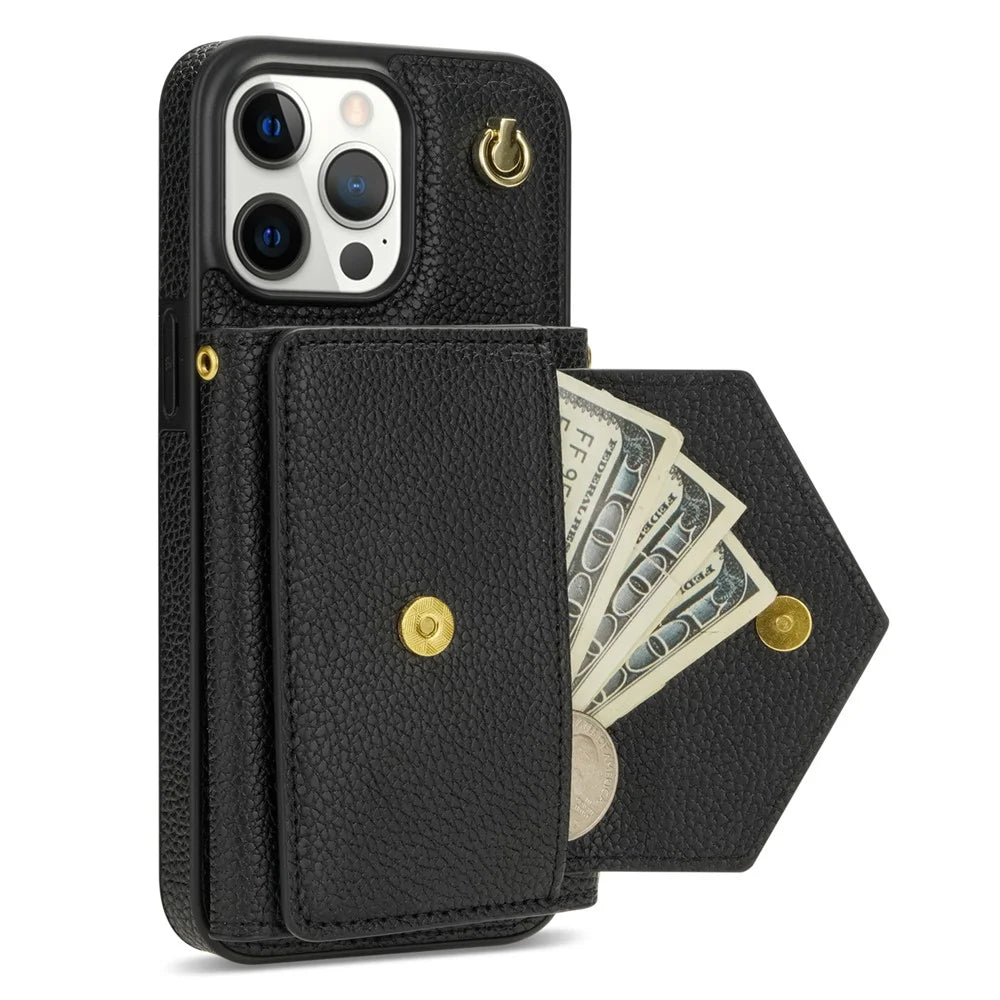 For iPhone 16 Pro Case Card Holder Leather+TPU Cell Phone Cover with Long Strap - Black - 3