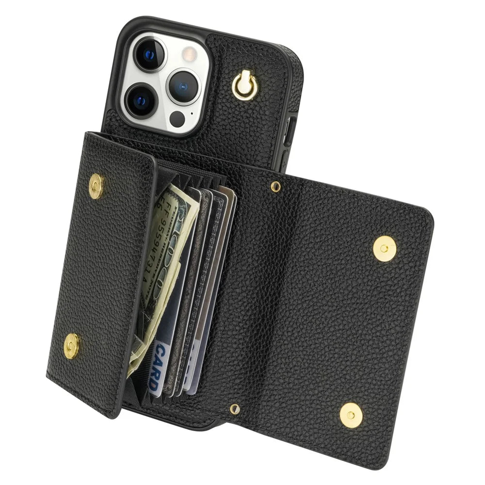 For iPhone 16 Pro Case Card Holder Leather+TPU Cell Phone Cover with Long Strap - Black - 4