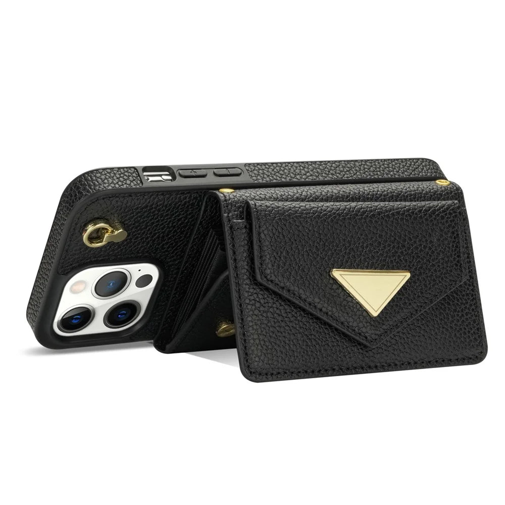 For iPhone 16 Pro Case Card Holder Leather+TPU Cell Phone Cover with Long Strap - Black - 5