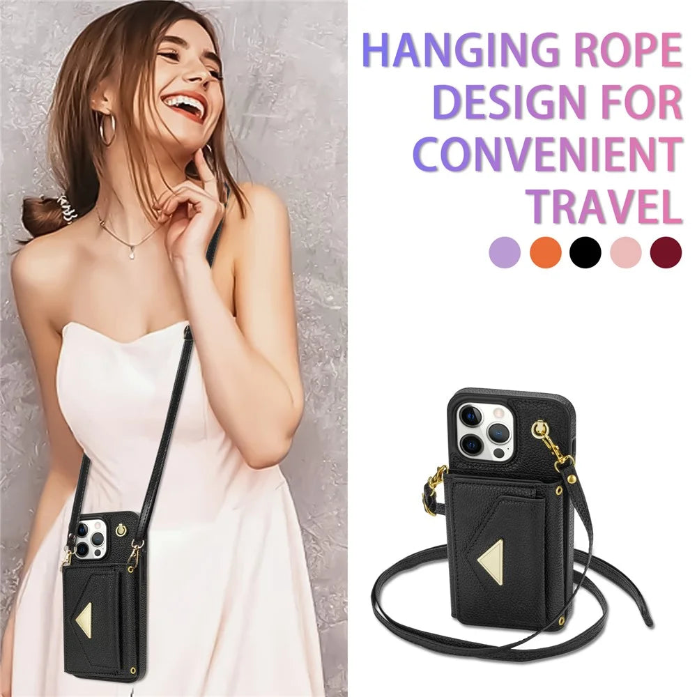 For iPhone 16 Pro Case Card Holder Leather+TPU Cell Phone Cover with Long Strap - Black - 6