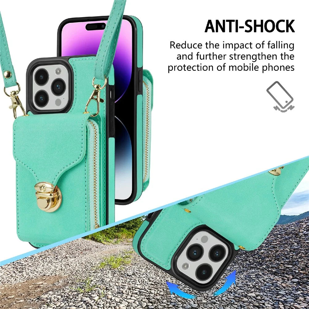 For iPhone 16 Pro Max Wallet Case Card Slots PU+TPU Phone Cover with Strap - Mint Green - 6