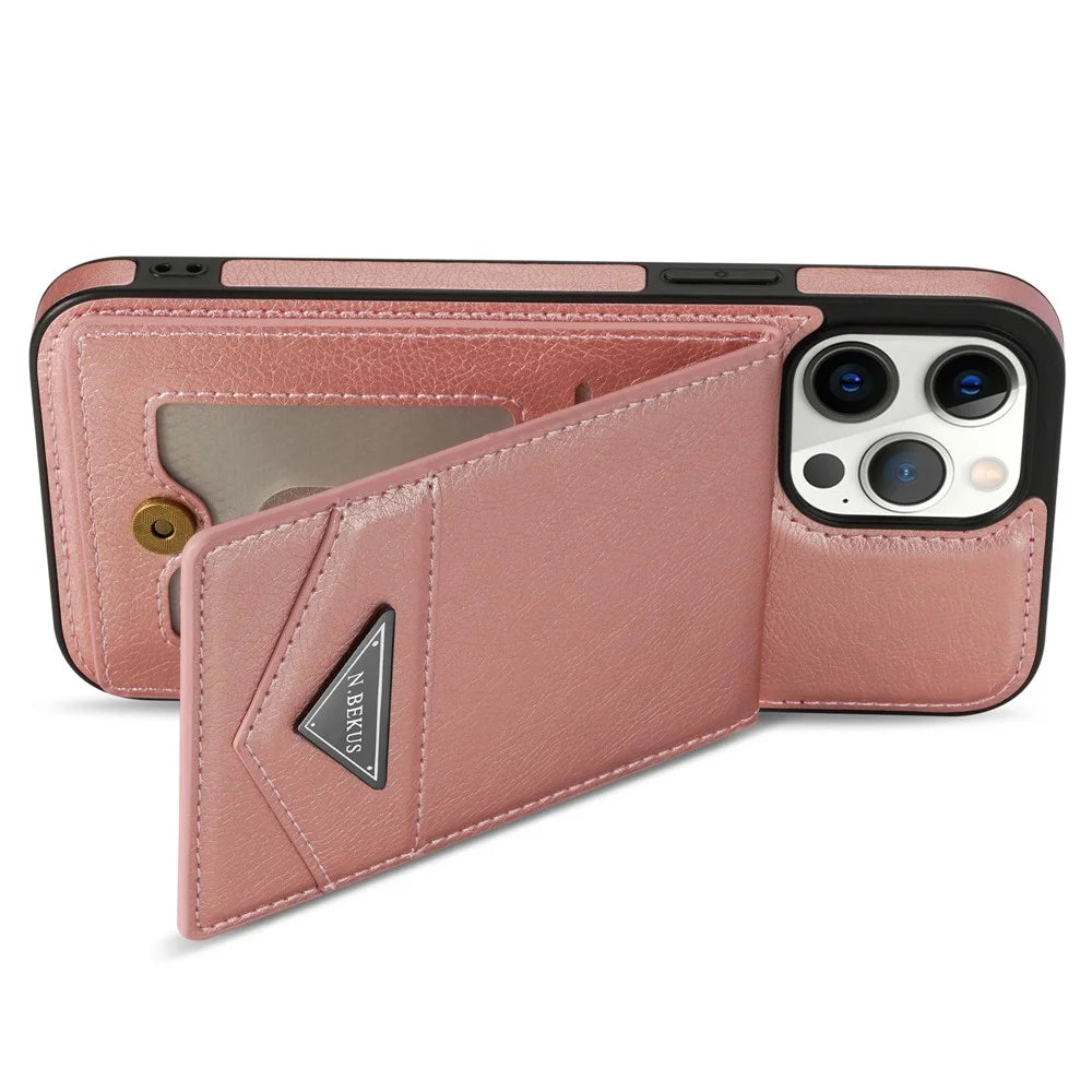 N.BEKUS For iPhone 16 Pro Case Leather+TPU Kickstand Phone Cover with Card Holder - Pink - 2