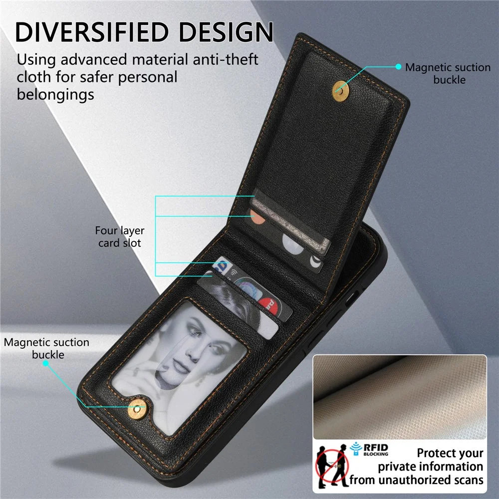 N.BEKUS For iPhone 16 Pro Max Kickstand Case Leather+TPU Card Slot Phone Cover - Black - 7