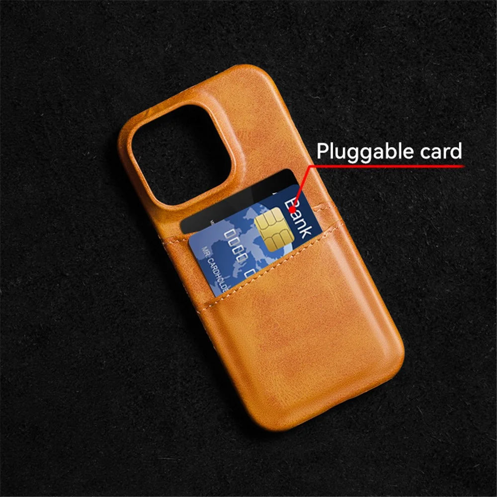 For iPhone 16 Pro Max Case Dual Card Slots Leather Coated PC Hard Phone Cover - Orange - 2