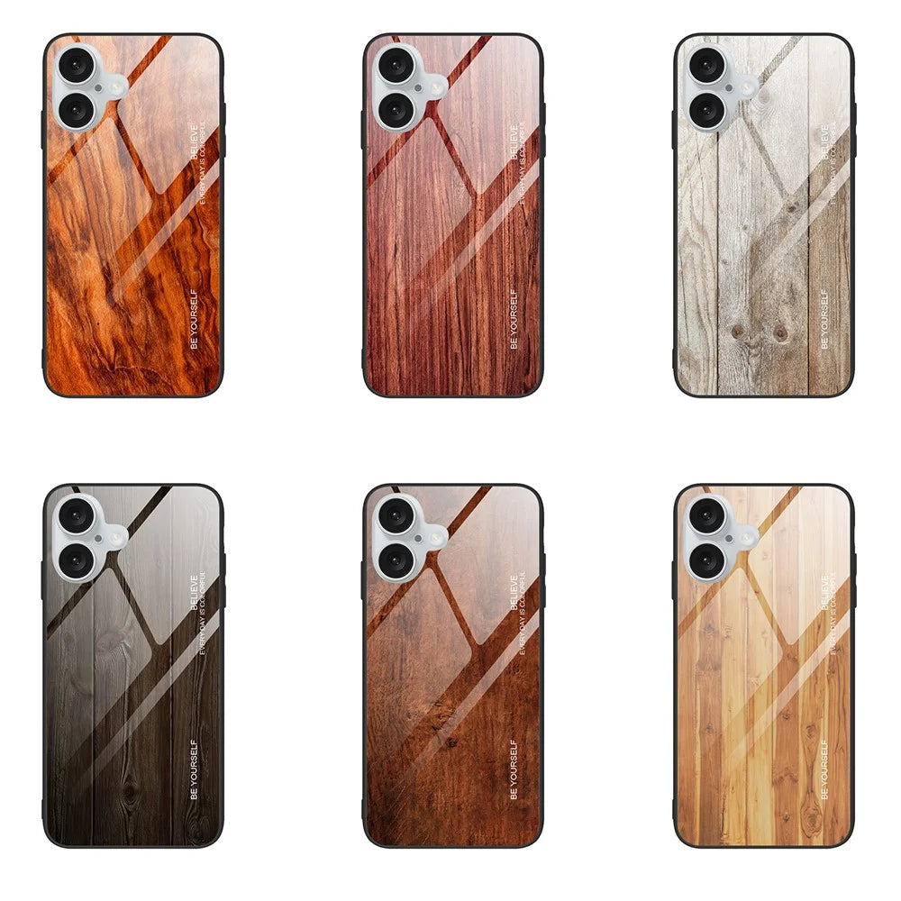 For iPhone 16 Case Wood Texture TPU+Tempered Glass Back Phone Cover - Orange - 7