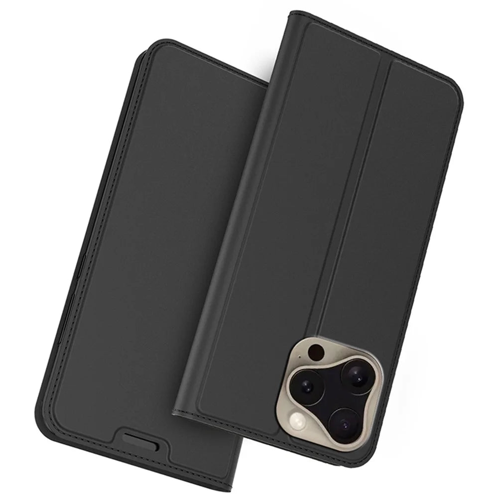 For iPhone 16 Pro Max Case PU Leather Card Holder Flip Phone Cover Strong Magnetic Closure - Black - 1