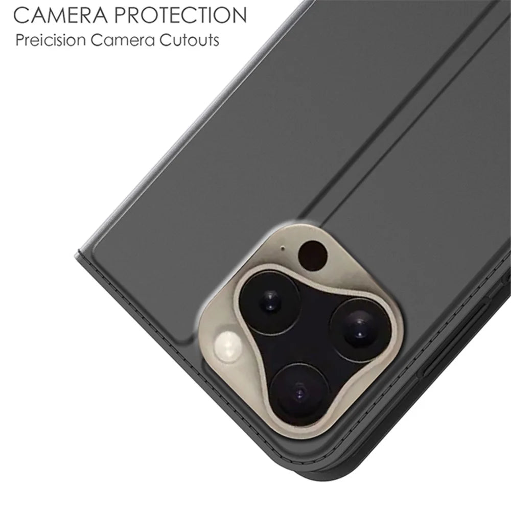 For iPhone 16 Pro Max Case PU Leather Card Holder Flip Phone Cover Strong Magnetic Closure - Black - 5