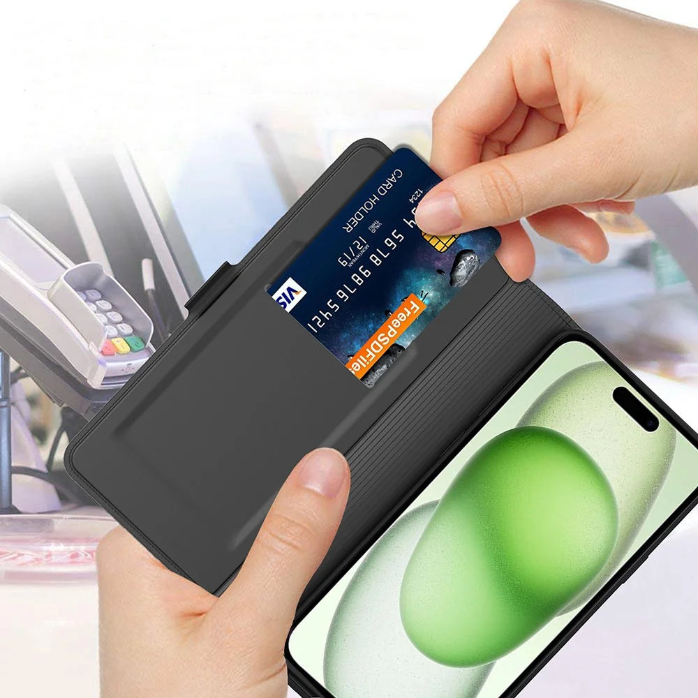 For iPhone 16 Pro Max Case Inner TPU Leather Flip Phone Cover Card Slot - Black - 4