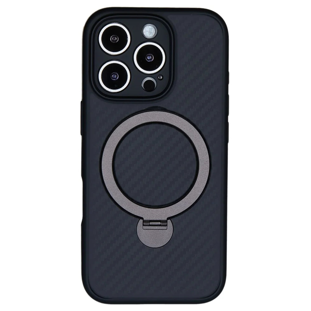 For iPhone 16 Pro Case Carbon Fiber Texture TPU+PC Phone Cover with Rotatable Magnetic Kickstand - 1
