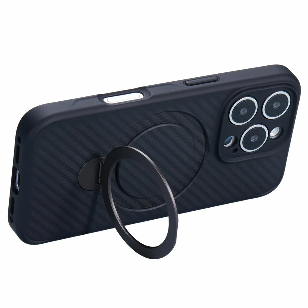 For iPhone 16 Pro Case Carbon Fiber Texture TPU+PC Phone Cover with Rotatable Magnetic Kickstand - 3