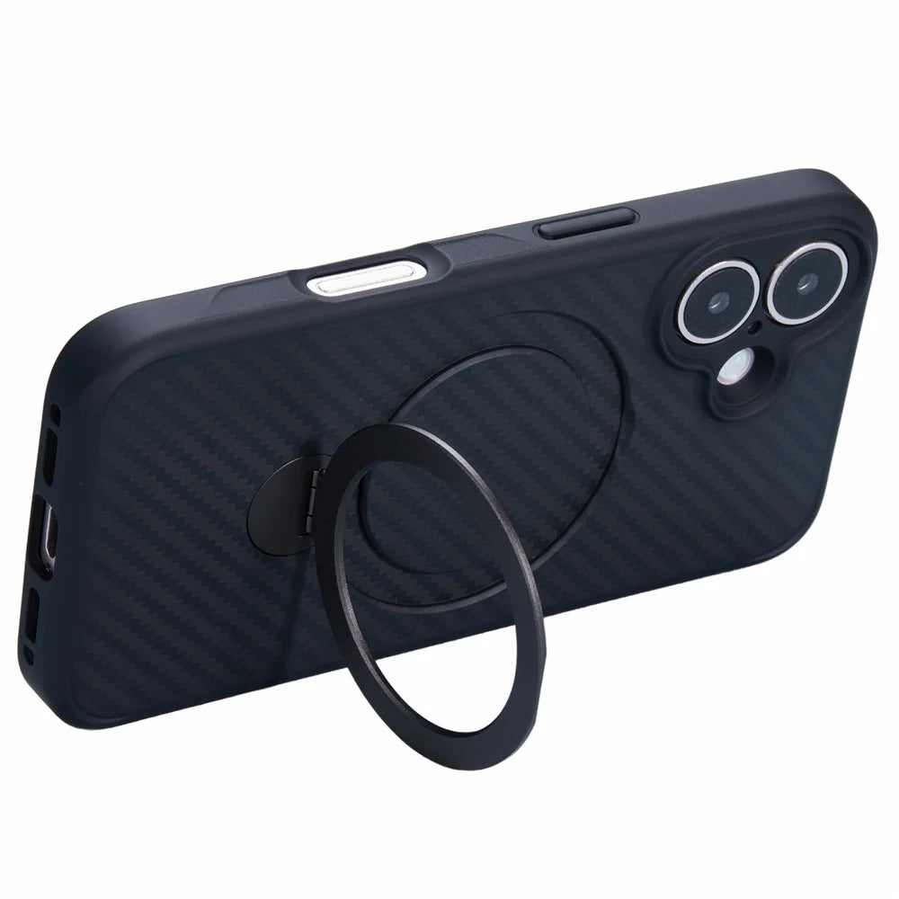 For iPhone 16 Case Carbon Fiber Texture Magnetic Ring Kickstand TPU+PC Phone Cover - 3