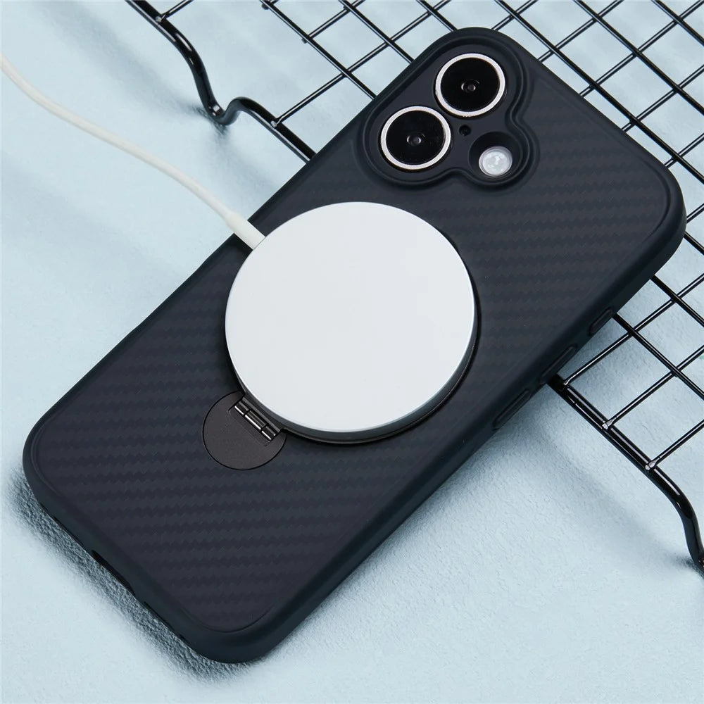 For iPhone 16 Case Carbon Fiber Texture Magnetic Ring Kickstand TPU+PC Phone Cover - 4