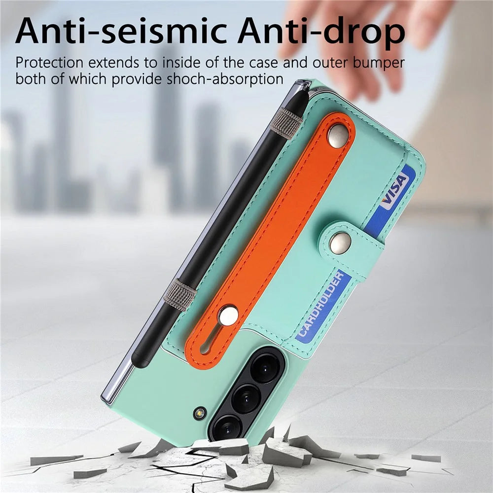 For Samsung Galaxy Z Fold6 5G Case Wristband Kickstand Leather+PC Phone Cover with Screen Film - Light Green - 5