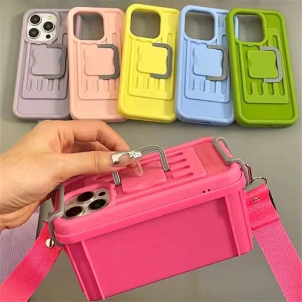 XX Series For iPhone 16 Pro Max Case Candy Color Storage Box PC+TPU Phone Cover with Crossbody Strap - Rose - 3