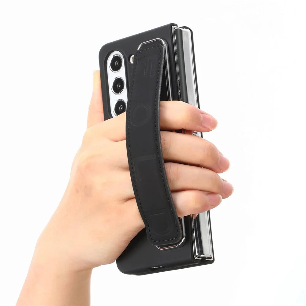 For Samsung Galaxy Z Fold6 5G Case Anti-Drop Wristband Leather+PC Phone Cover with Screen Film - Black - 3
