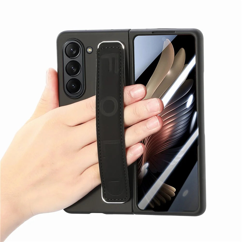 For Samsung Galaxy Z Fold6 5G Case Anti-Drop Wristband Leather+PC Phone Cover with Screen Film - Black - 4