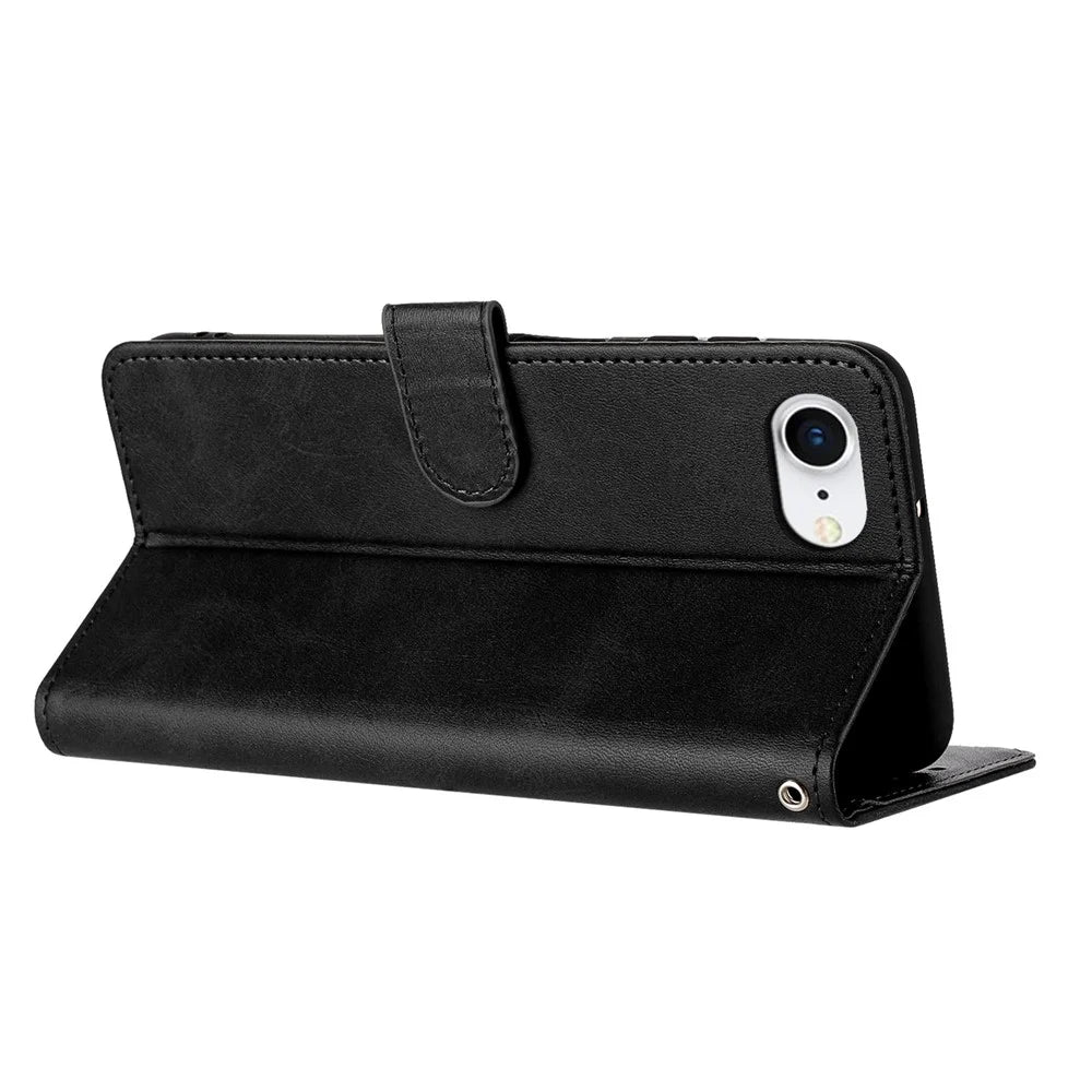 For iPhone 17e / 16e Case Calf Texture Leather Wallet Shockproof Flip Cover with Hand Strap - Black - 2
