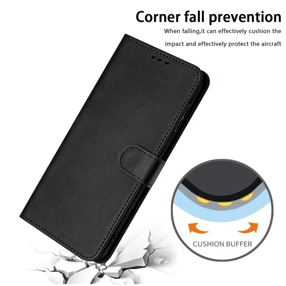 For iPhone 16 Wallet Case Calf Texture Leather Phone Cover Purse with Hand Strap - Black - 6