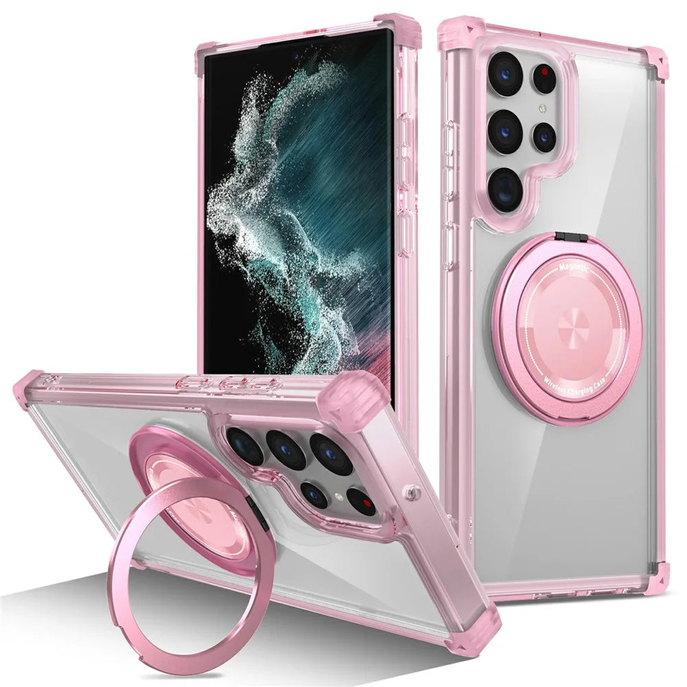 For Samsung Galaxy S22 Ultra 5G Case Rotatable Magnetic Kickstand PC+TPU Phone Cover - Transparent Pink - 1