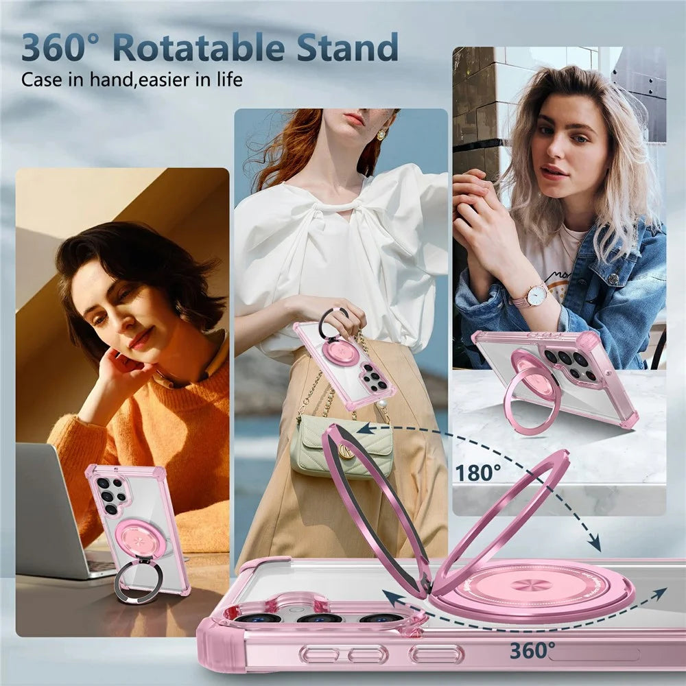 For Samsung Galaxy S22 Ultra 5G Case Rotatable Magnetic Kickstand PC+TPU Phone Cover - Transparent Pink - 4