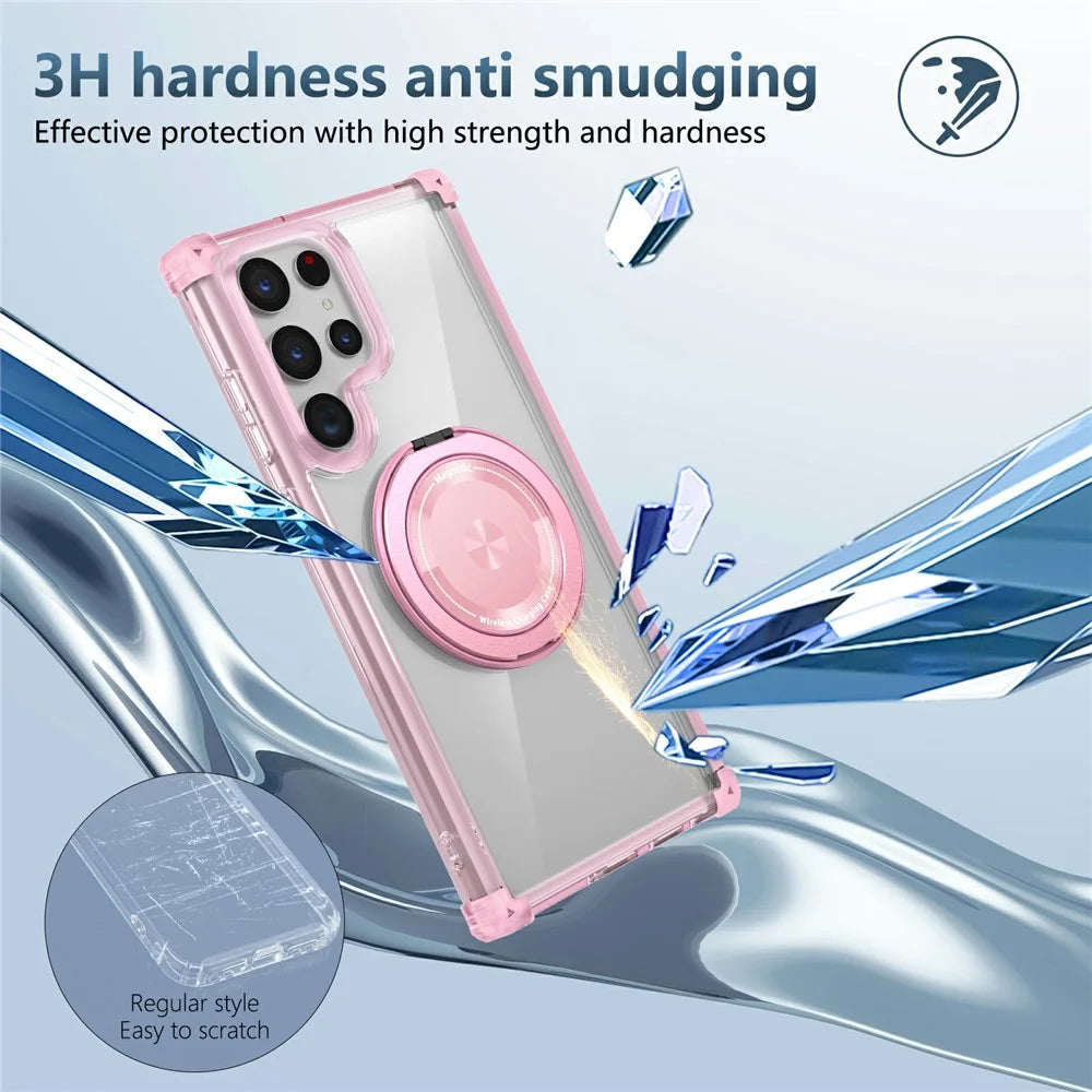 For Samsung Galaxy S22 Ultra 5G Case Rotatable Magnetic Kickstand PC+TPU Phone Cover - Transparent Pink - 5