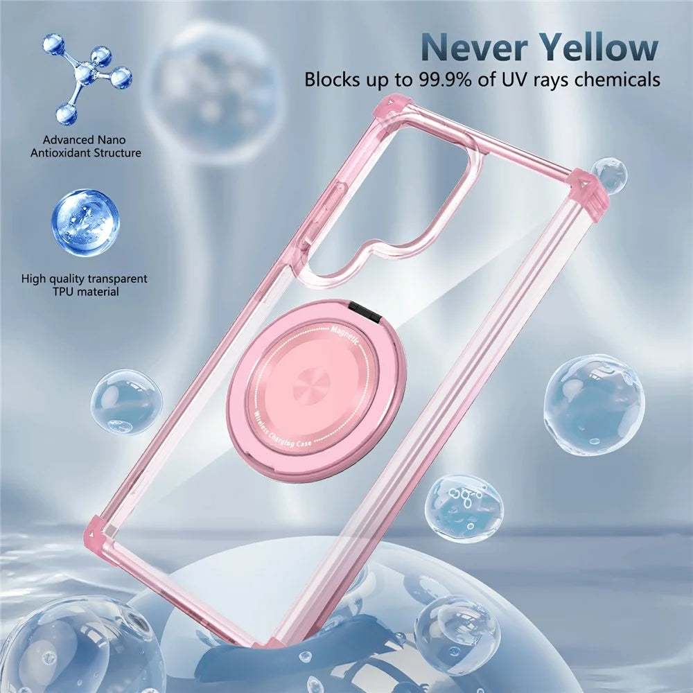 For Samsung Galaxy S23 Ultra Case PC+TPU Magnetic Phone Cover Rotation Kickstand Ring Holder - Transparent Pink - 3