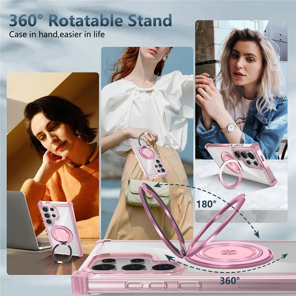 For Samsung Galaxy S23 Ultra Case PC+TPU Magnetic Phone Cover Rotation Kickstand Ring Holder - Transparent Pink - 4