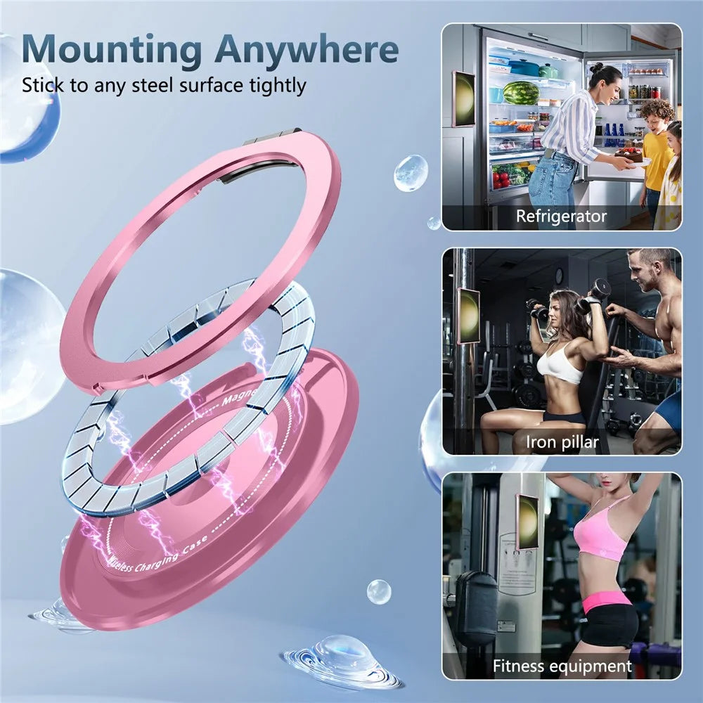 For Samsung Galaxy S23 Ultra Case PC+TPU Magnetic Phone Cover Rotation Kickstand Ring Holder - Transparent Pink - 6