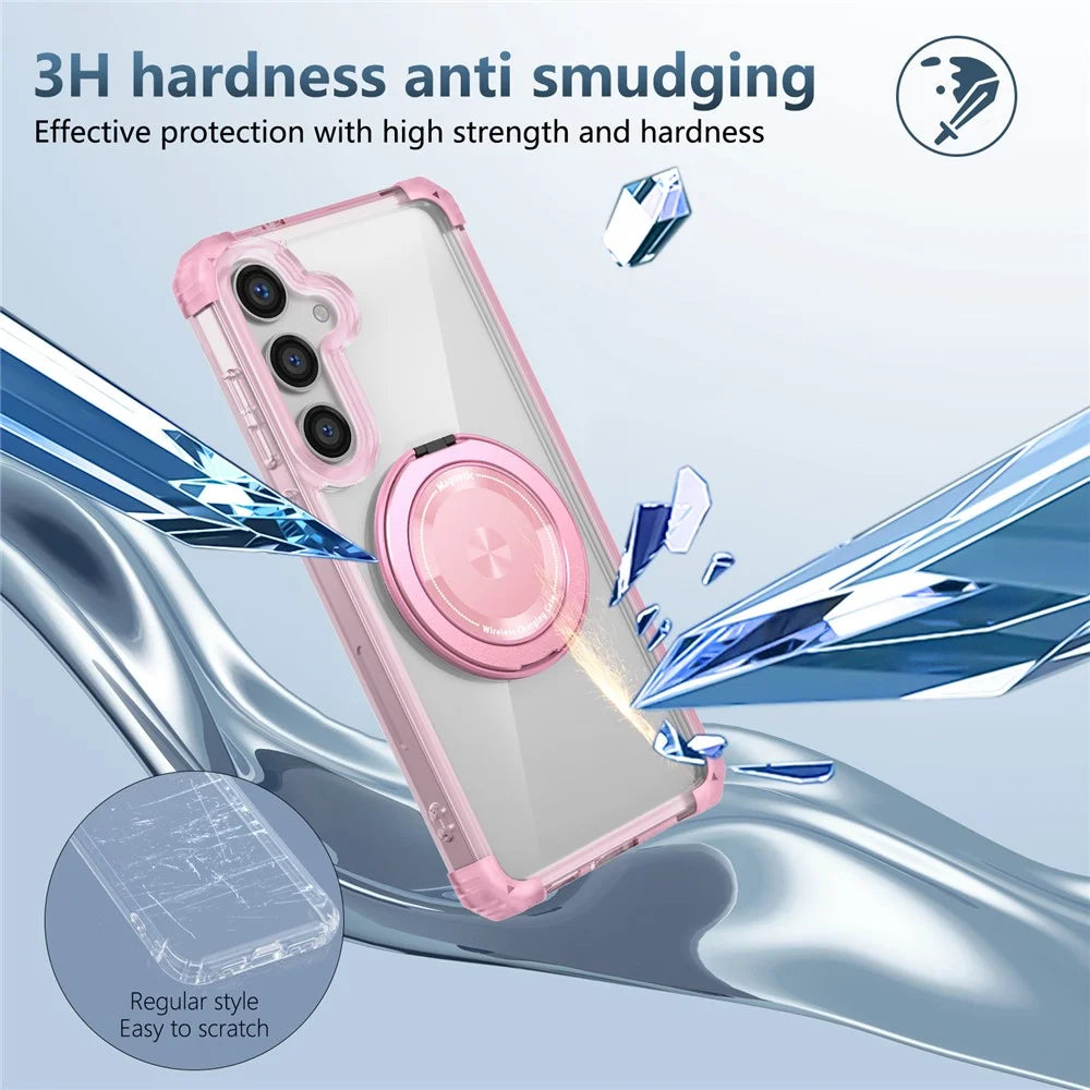 For Samsung Galaxy S24+ Magnetic Case Ring Holder PC+TPU Military Grade Protective Phone Cover - Transparent Pink - 5