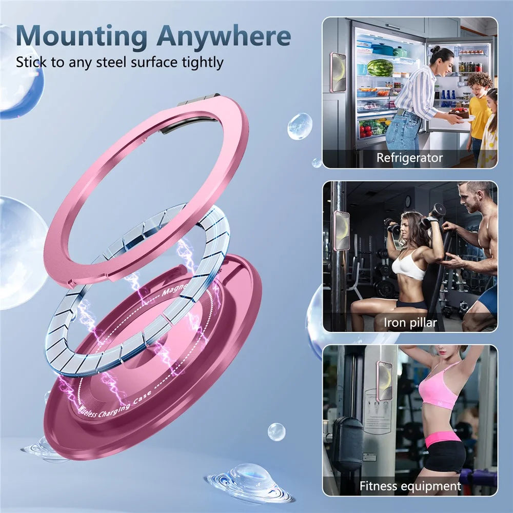 For Samsung Galaxy S24+ Magnetic Case Ring Holder PC+TPU Military Grade Protective Phone Cover - Transparent Pink - 6