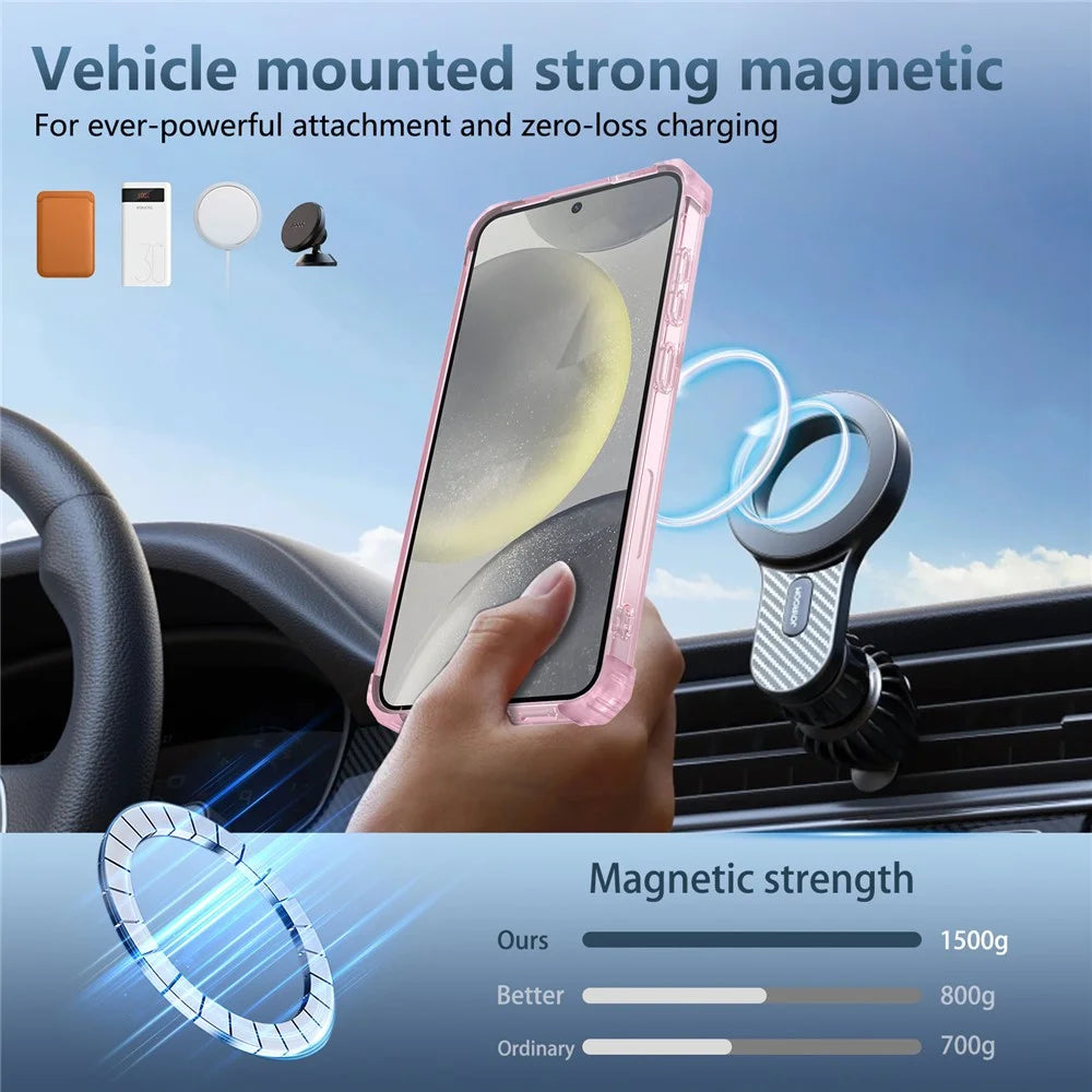 For Samsung Galaxy S24+ Magnetic Case Ring Holder PC+TPU Military Grade Protective Phone Cover - Transparent Pink - 7