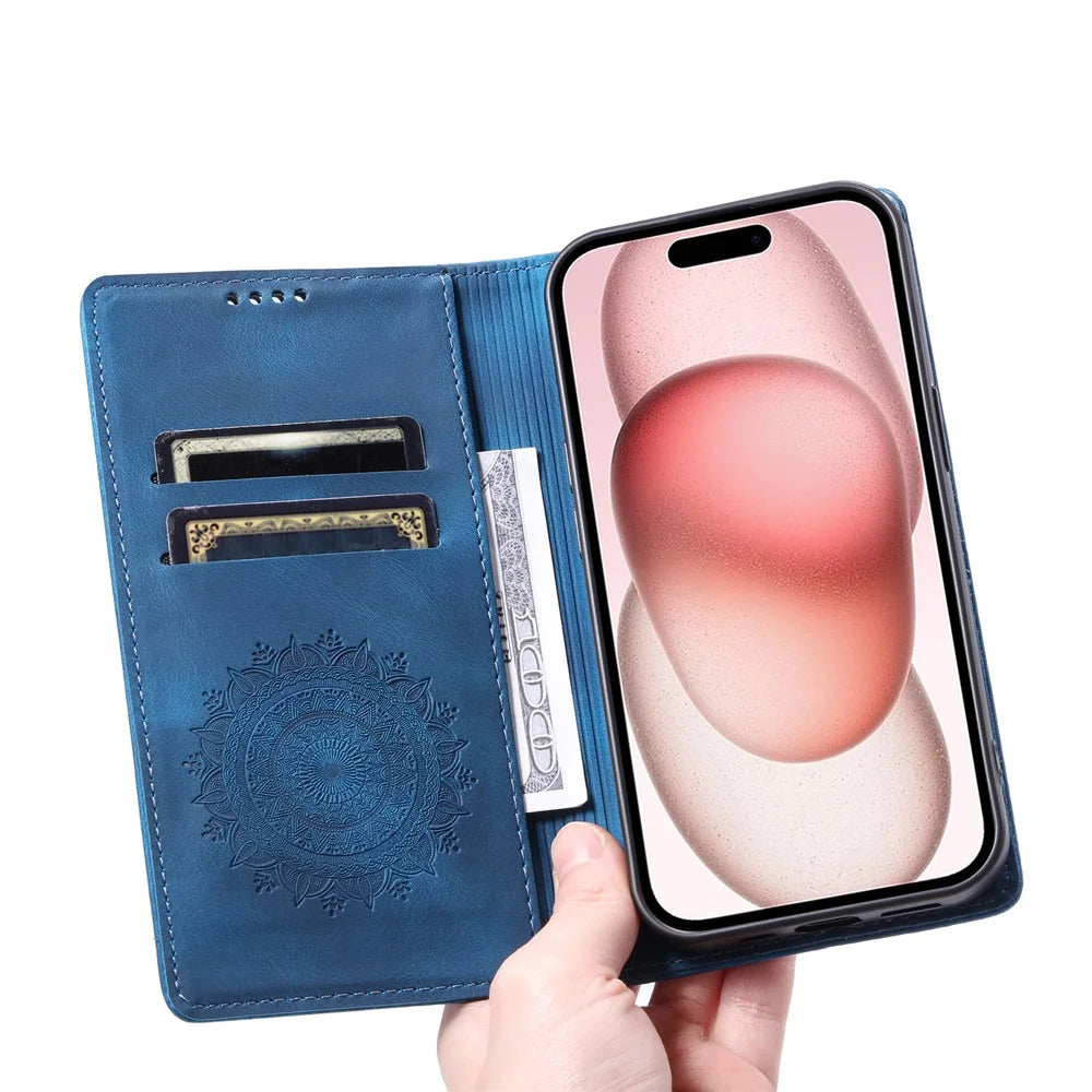 Style-010 For iPhone 16 Plus Case Imprinted Leather Phone Cover Magnetic Auto Closing - Blue - 7