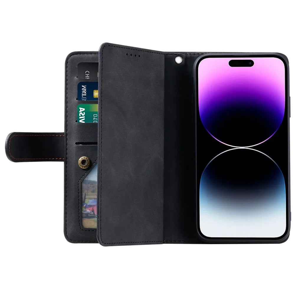 For iPhone 16 Plus Case Zipper Pocket 9 Card Slots PU Leather Phone Cover - Black - 2