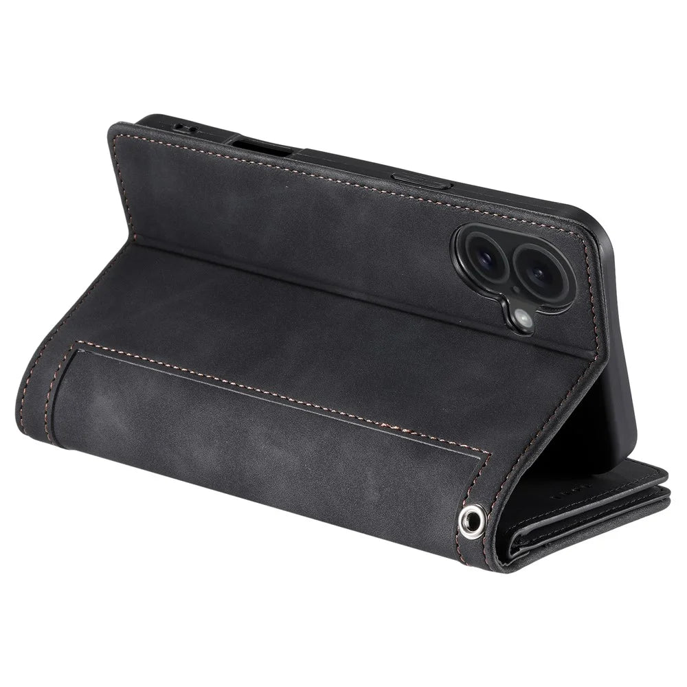 For iPhone 16 Plus Case Zipper Pocket 9 Card Slots PU Leather Phone Cover - Black - 4