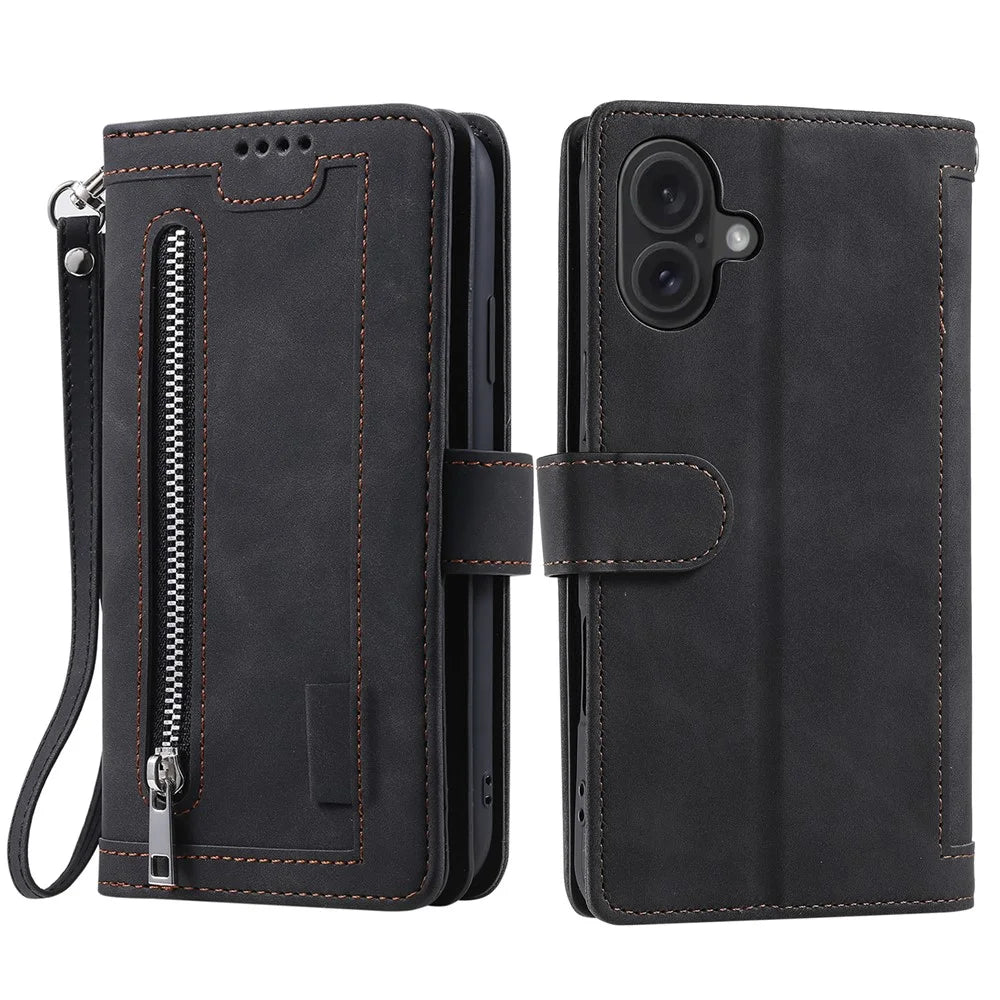 For iPhone 16 Plus Case Zipper Pocket 9 Card Slots PU Leather Phone Cover - Black - 7