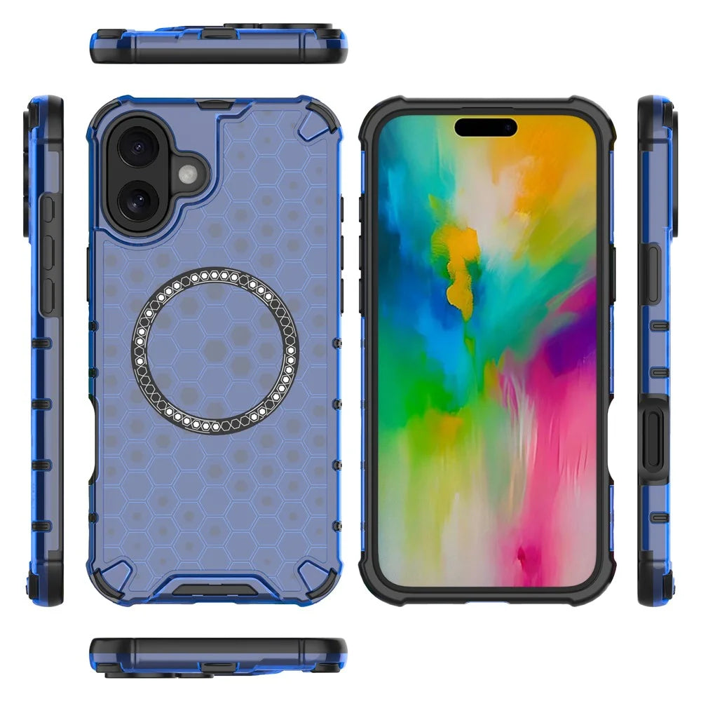 For iPhone 16 Magnetic Case Honeycomb Design TPU+PC Phone Cover Air Cushion Protection - Blue - 5