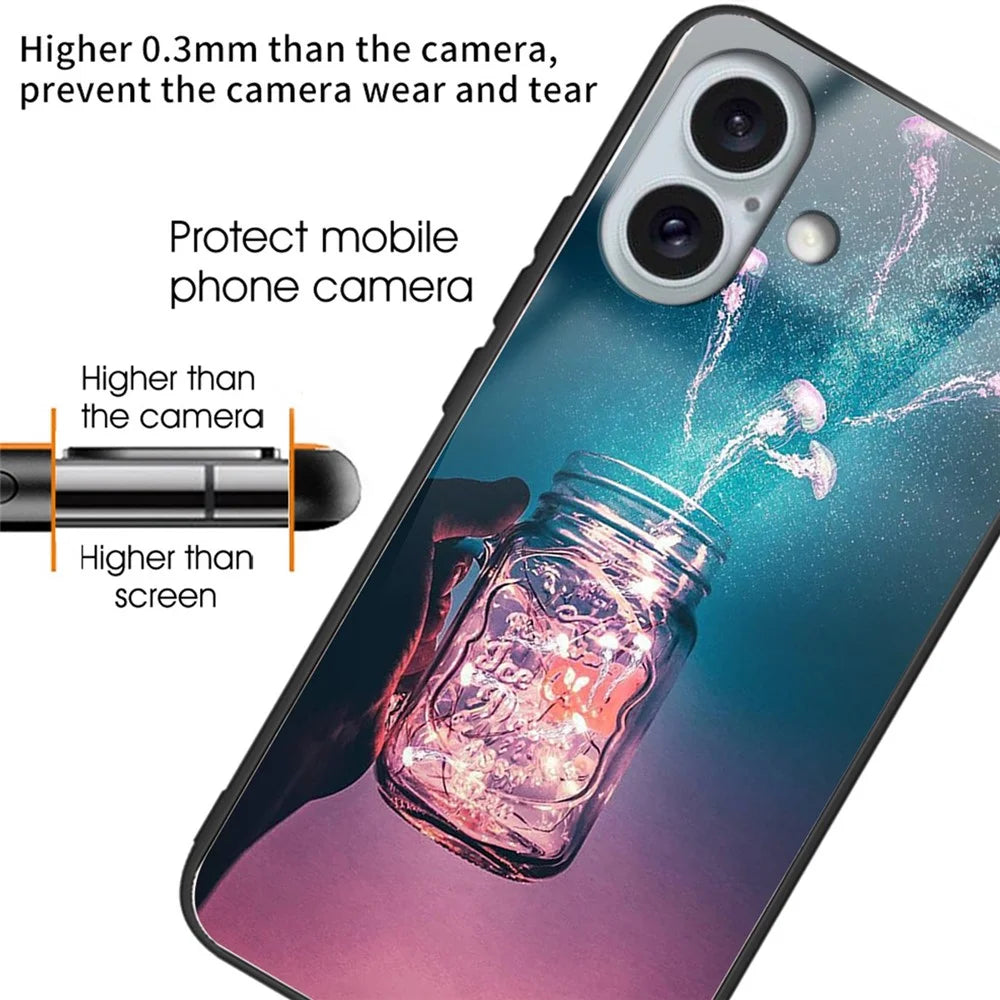 For iPhone 16 Case Tempered Glass+TPU Phone Protector Pattern Printing - Bottle Jellyfish - 2