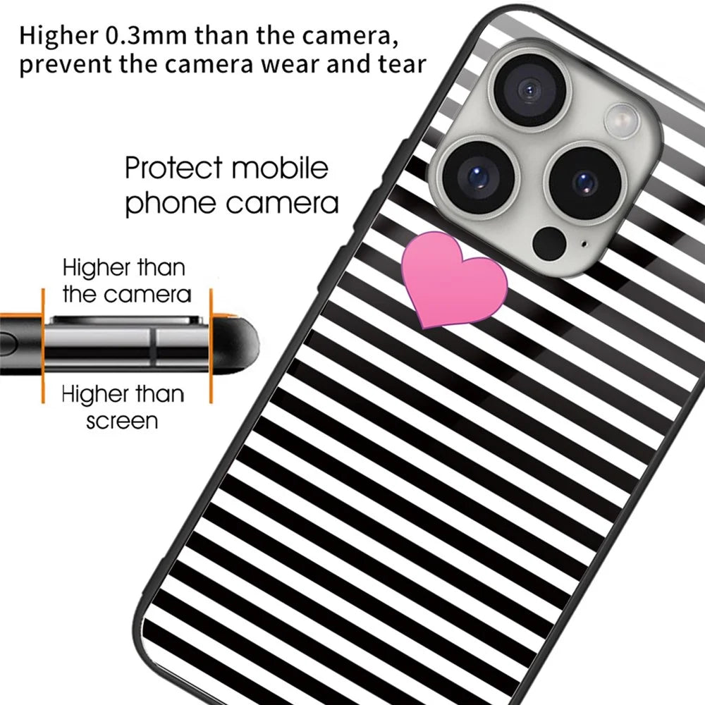 For iPhone 16 Pro Max Shockproof Case Pattern Printed Tempered Glass+TPU Phone Cover - Stripes / Hearts - 2
