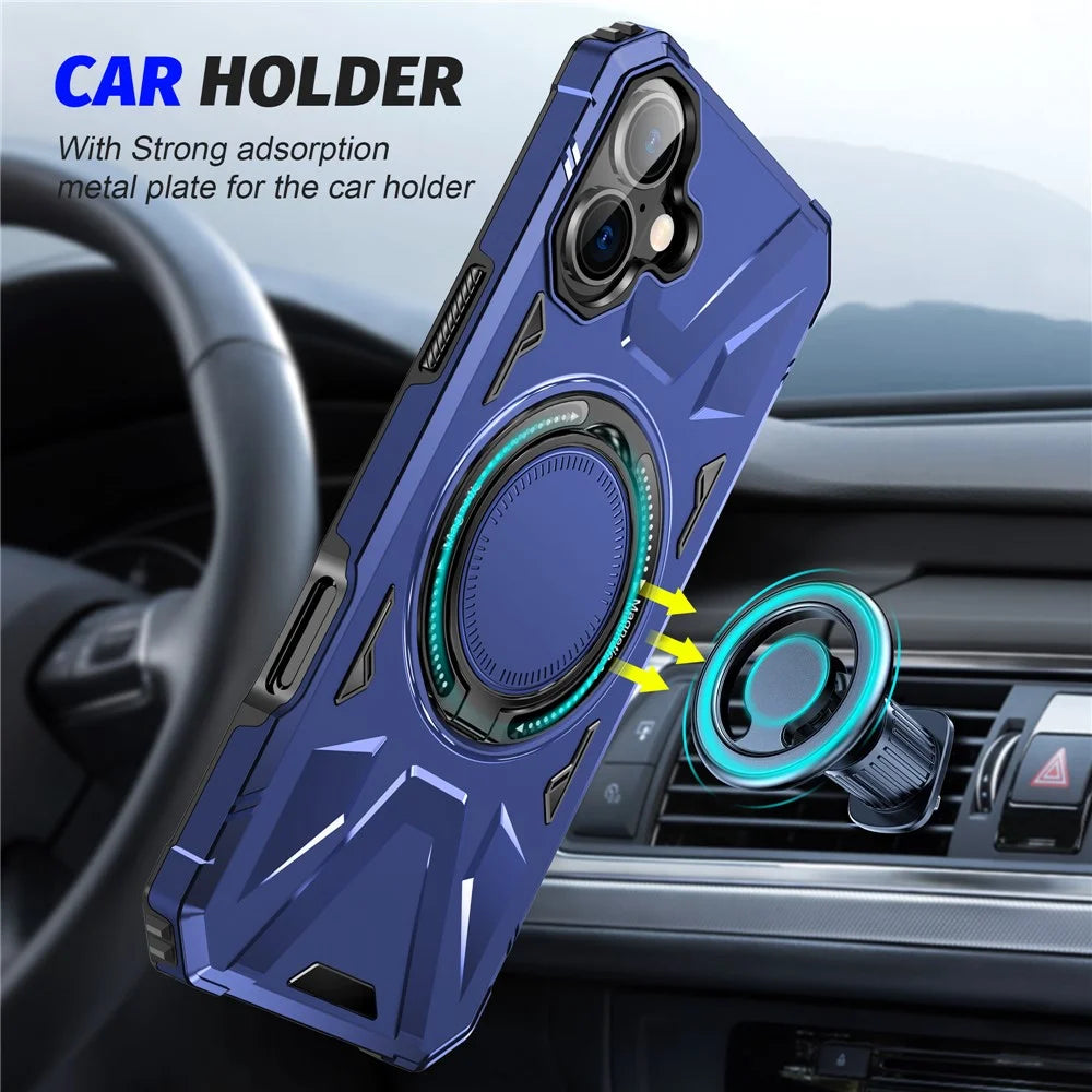 For iPhone 16 Magnetic Case TPU+PC Phone Cover with Rotary Ring Kickstand - Navy Blue - 4