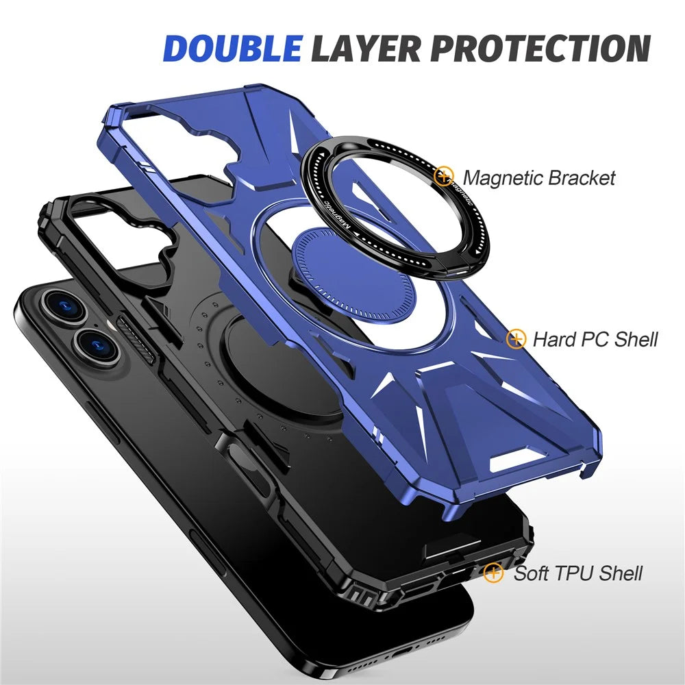 For iPhone 16 Magnetic Case TPU+PC Phone Cover with Rotary Ring Kickstand - Navy Blue - 5
