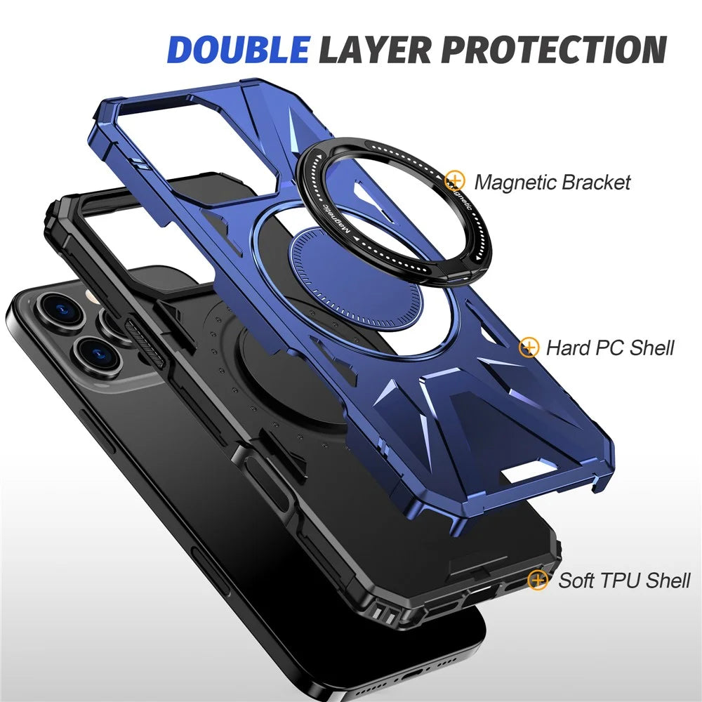 For iPhone 16 Pro Magnetic Case TPU+PC Ring Kickstand Anti-Drop Phone Cover - Navy Blue - 5