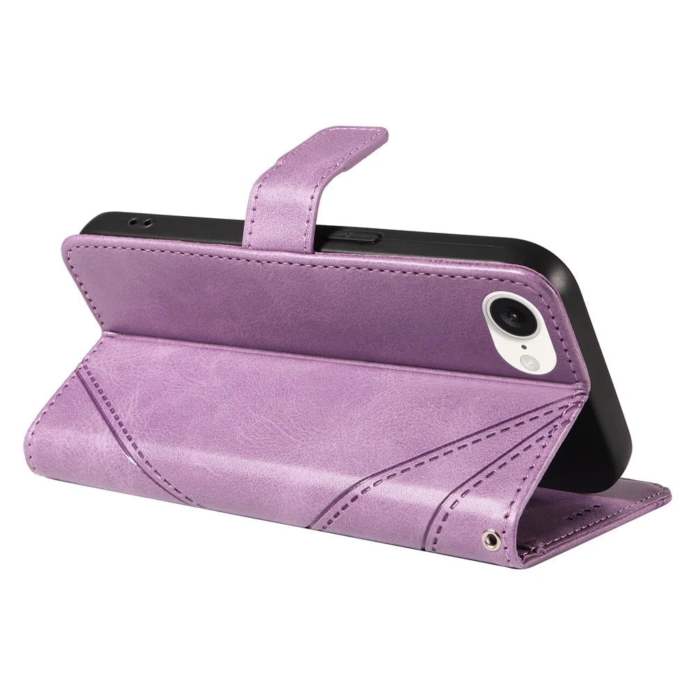 For iPhone 17e / 16e Case Leather Card Holder Phone Cover Geometric Line - Purple - 4