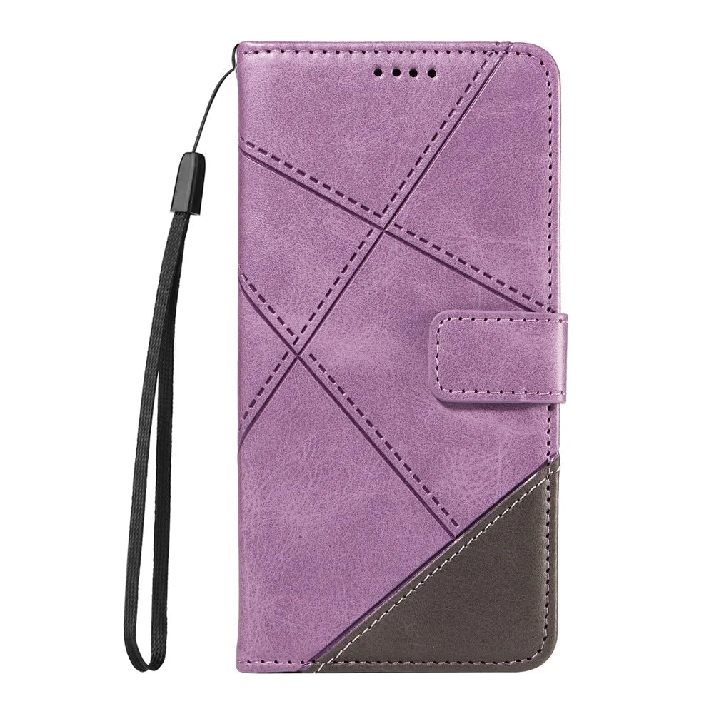 For iPhone 17e / 16e Case Leather Card Holder Phone Cover Geometric Line - Purple - 7