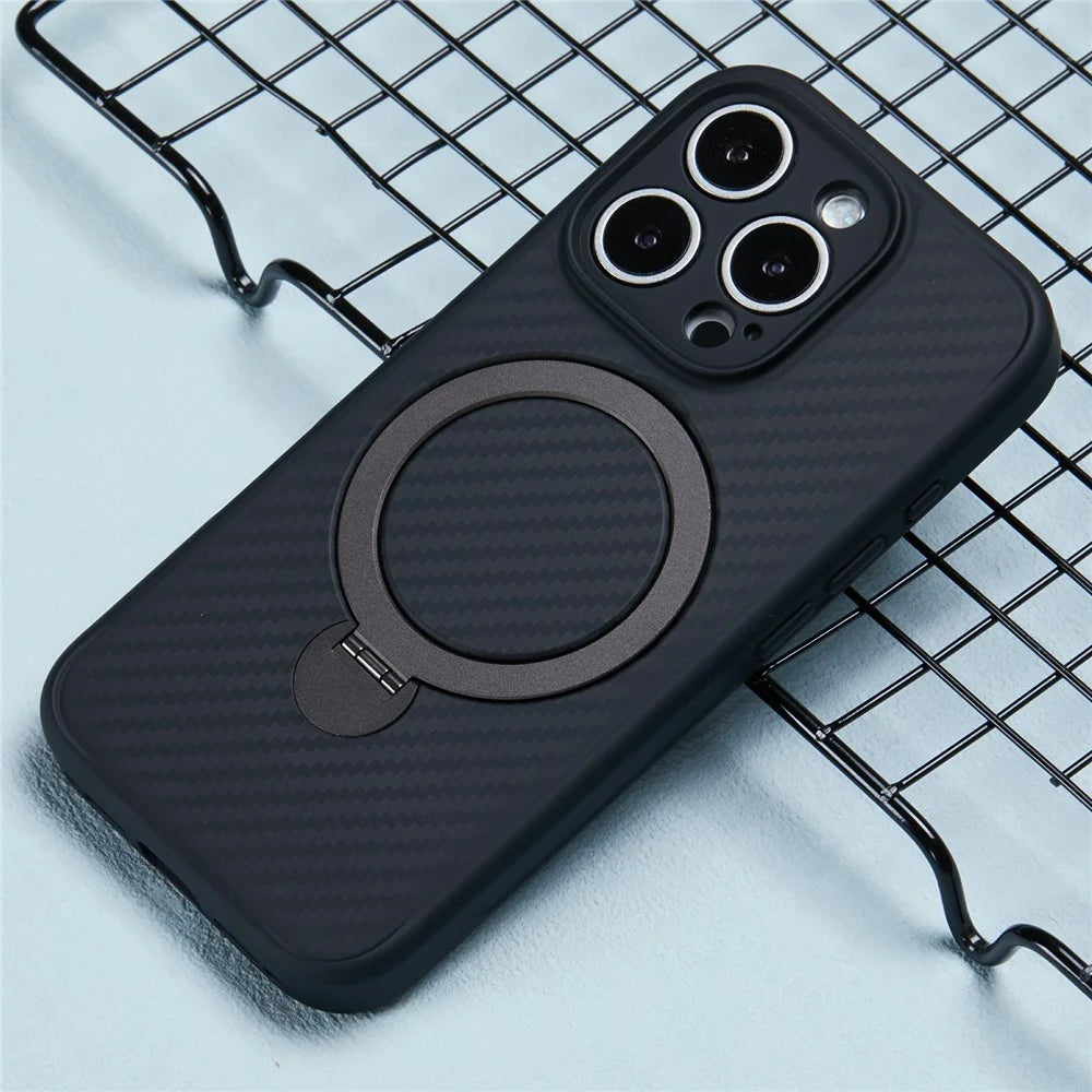 For iPhone 16 Pro Max Magnetic Case TPU+PC Carbon Fiber Texture Phone Cover Rotatable Ring Holder - 6