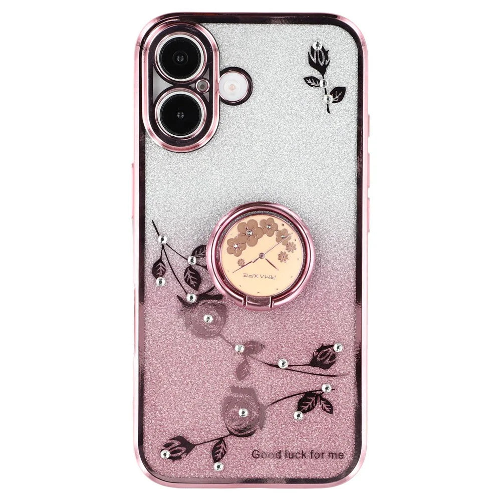 KADEM For iPhone 16 Plus Case TPU Phone Cover Glitter Gradient Ring Kickstand Function - Rose Gold - 1