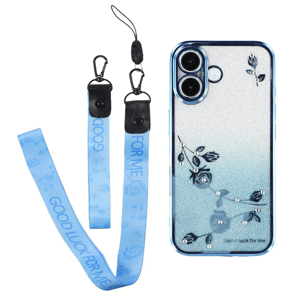 KADEM For iPhone 16 Case TPU Gradient Glitter Phone Cover with Lanyards - Blue - 1