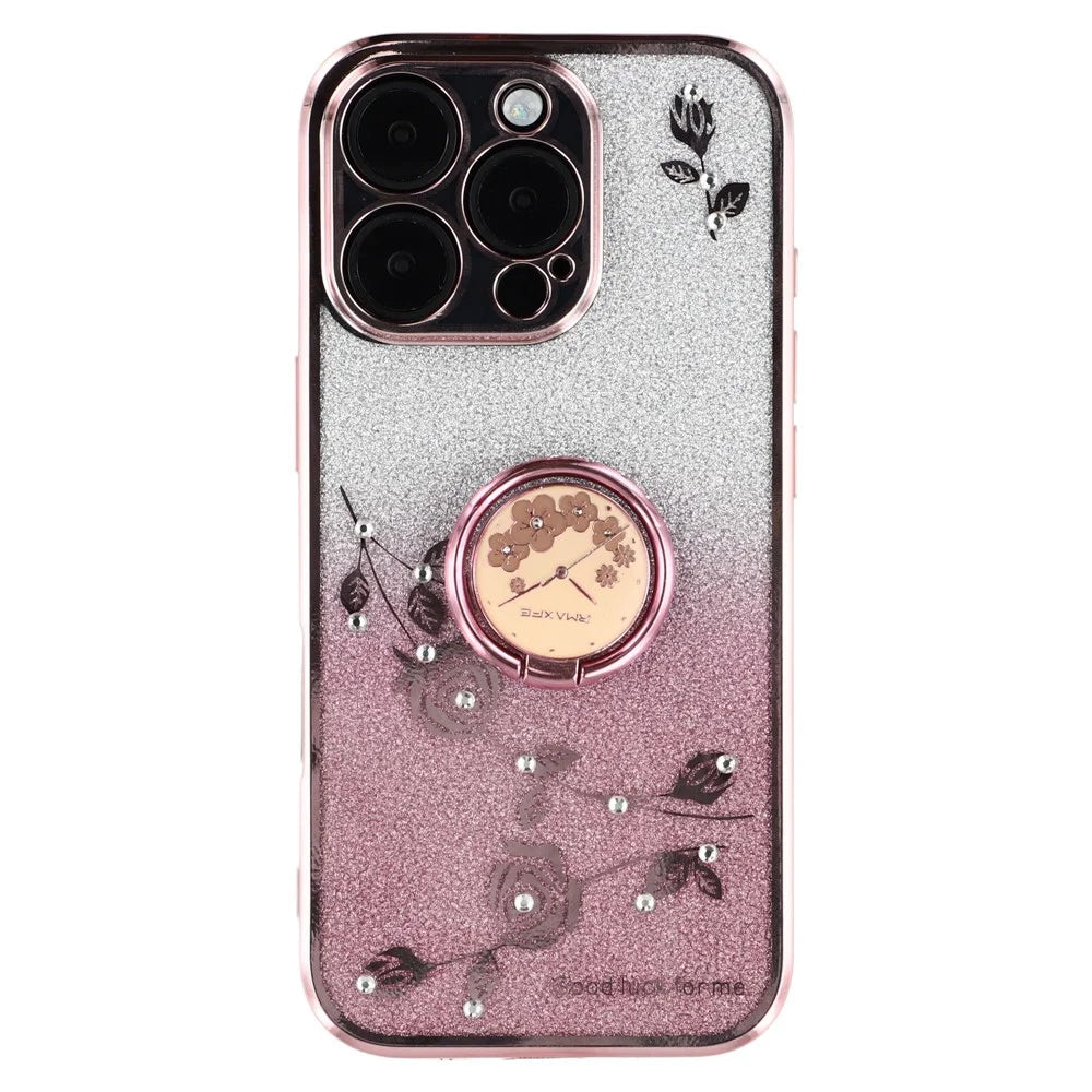 KADEM For iPhone 16 Pro Case TPU Glitter Shiny Rhinestone Phone Cover Ring Kickstand - Rose Gold - 1